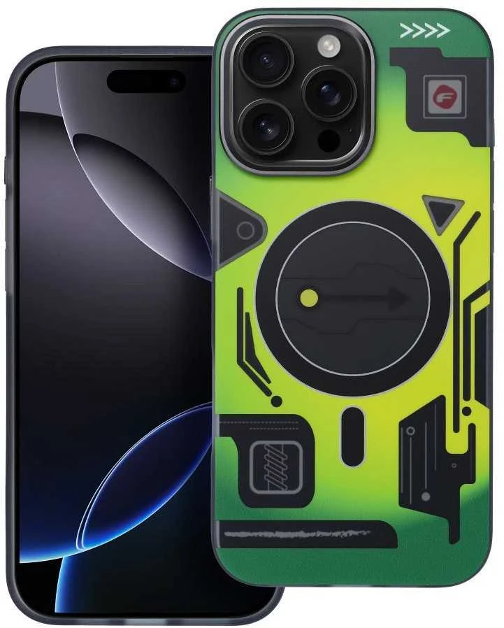 „iPhone 16 PRO MAX“ dėklas su „Forcell F-Protect Levels“ dvigubo sluoksnio 4D technologija, suderinamas su „Magsafe Military Drop-Test cyber žalias“.