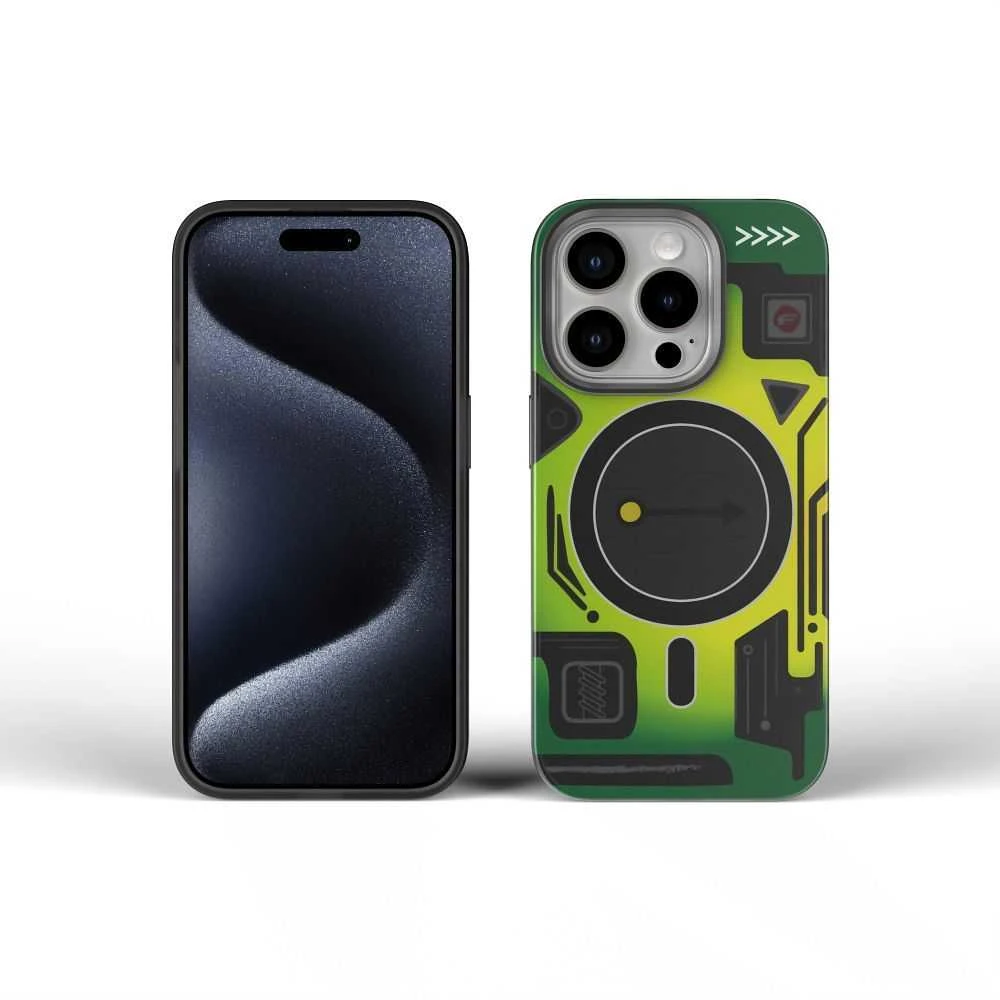 „iPhone 16 PRO“ dėklas su „Forcell F-Protect Levels“ dvigubo sluoksnio 4D technologija, suderinamas su „Military Drop-Test cyber žalias“.