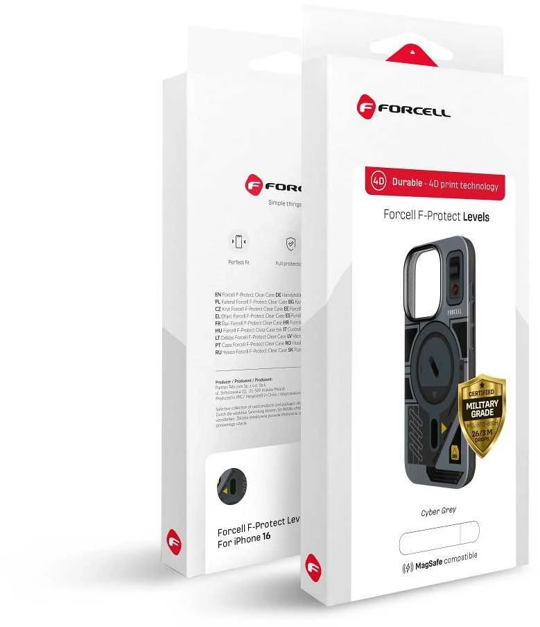 „iPhone 16 PLUS“ dėklas su „Forcell F-Protect Levels“ dvigubo sluoksnio 4D technologija, suderinamas su „Magsafe Military Drop-Test“ kibernetinėmis pilkomis spalvomis.