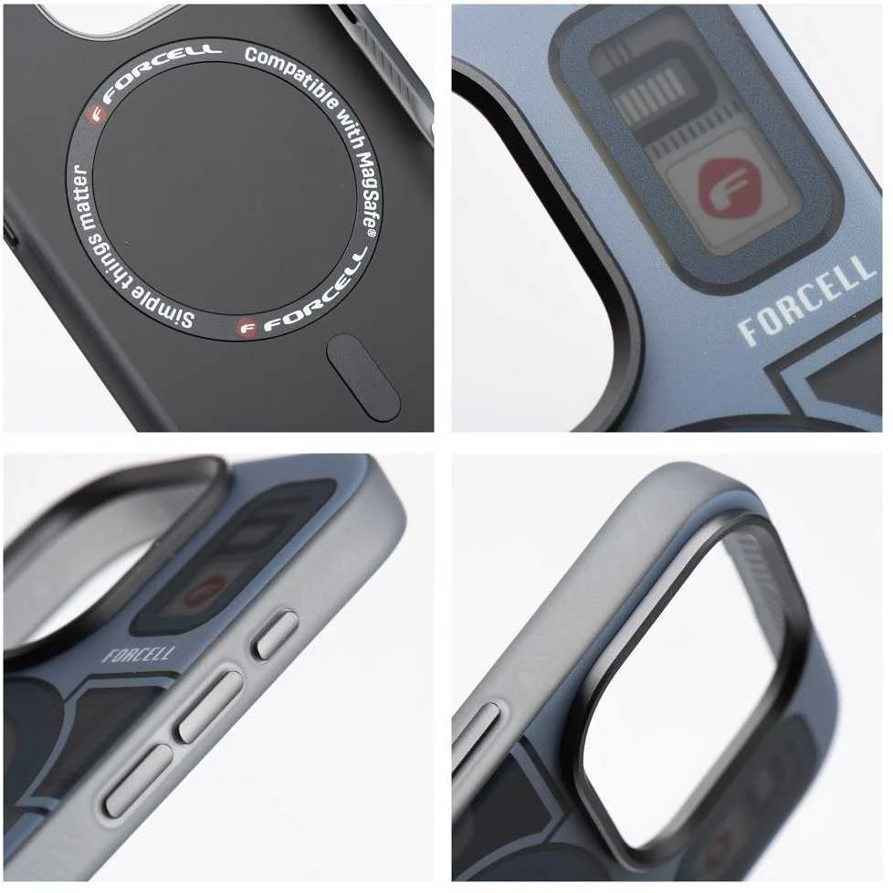 „iPhone 16 PLUS“ dėklas su „Forcell F-Protect Levels“ dvigubo sluoksnio 4D technologija, suderinamas su „Magsafe Military Drop-Test“ kibernetinėmis pilkomis spalvomis.