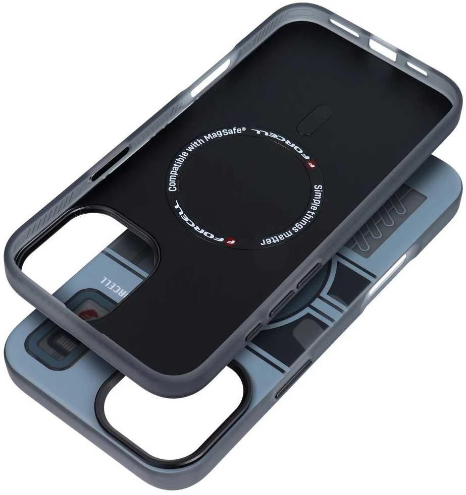 „iPhone 16 PLUS“ dėklas su „Forcell F-Protect Levels“ dvigubo sluoksnio 4D technologija, suderinamas su „Magsafe Military Drop-Test“ kibernetinėmis pilkomis spalvomis.