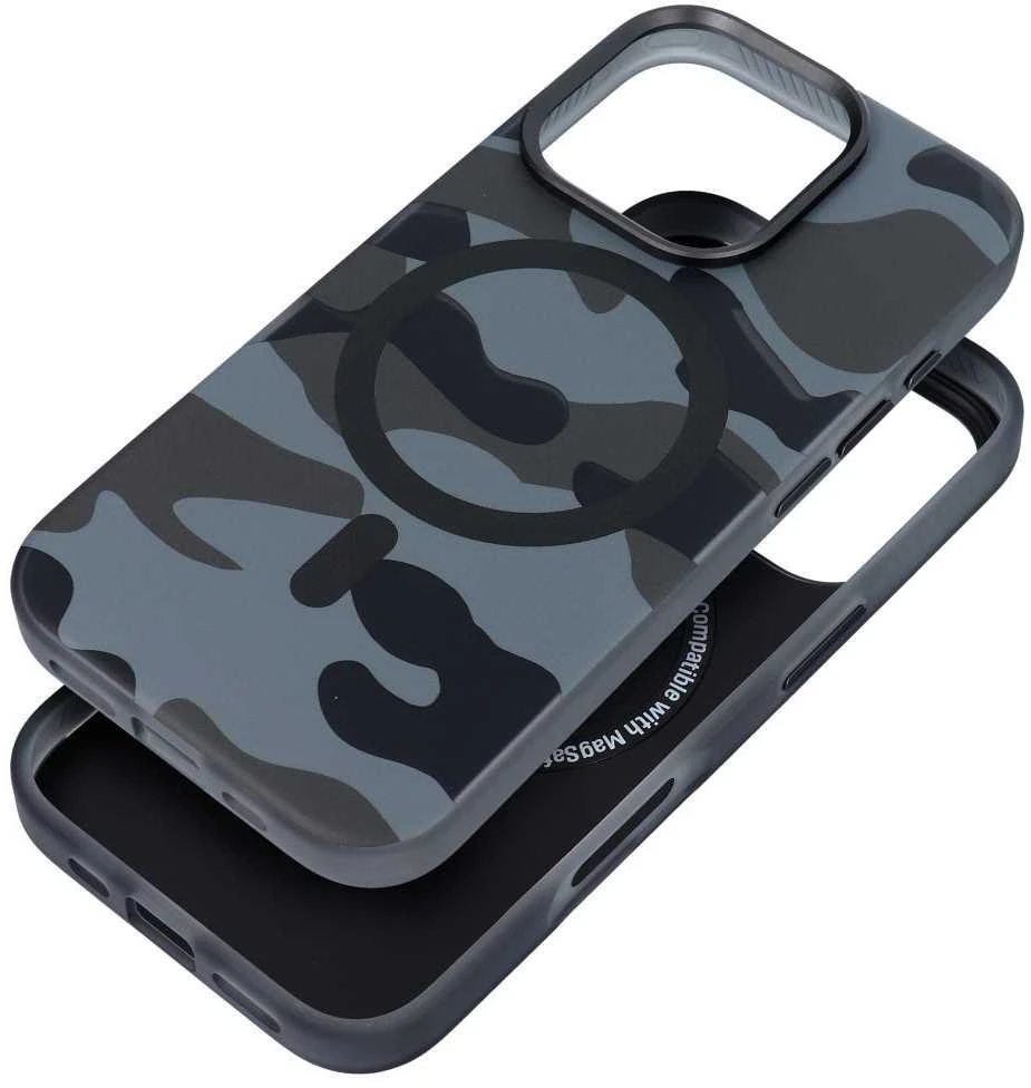 „iPhone 16 PLUS“ dėklas su „Forcell F-Protect Levels“ dvigubo sluoksnio 4D technologija, suderinamas su „Magsafe Military Drop-Test“ juodos spalvos kamufliažu.