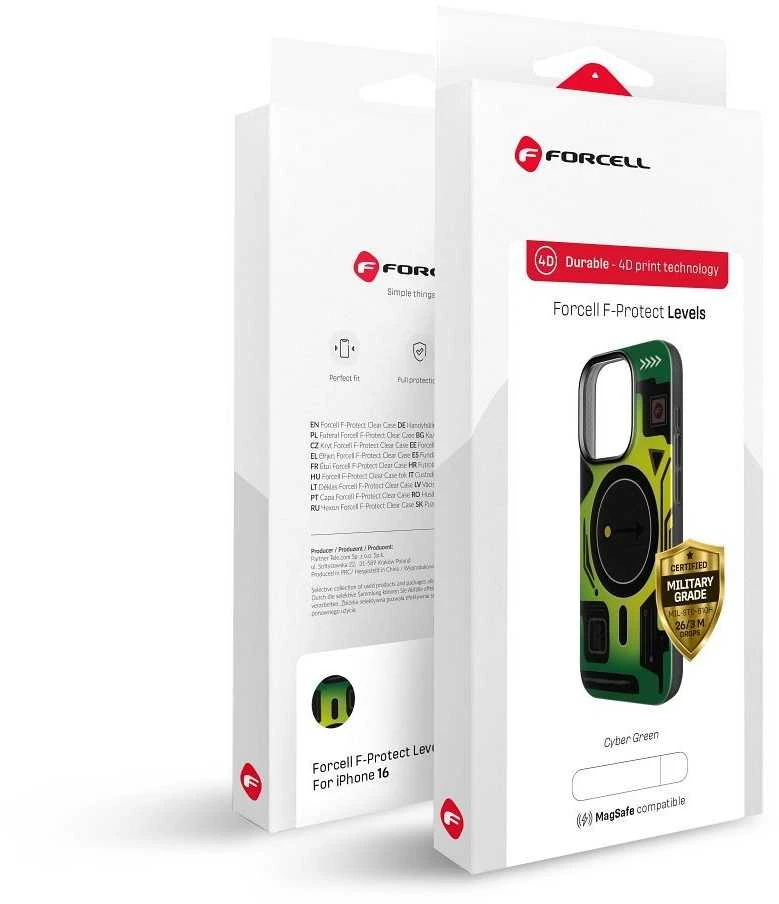 „iPhone 16 PLUS“ dėklas su „Forcell F-Protect Levels“ dvigubo sluoksnio 4D technologija, suderinamas su „Magsafe Military Drop-Test cyber žalias“.