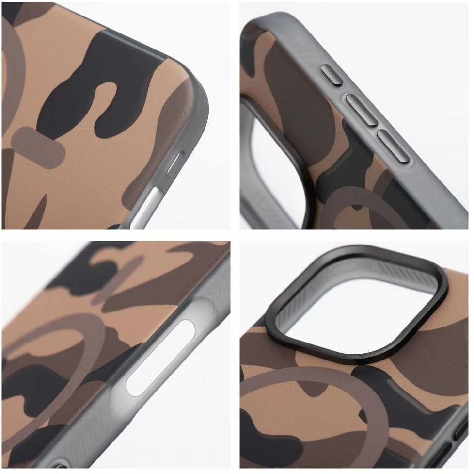 „iPhone 16 PLUS“ dėklas su „Forcell F-Protect Levels“ dvigubo sluoksnio 4D technologija, suderinamas su „Magsafe Military Drop-Test“ dykumos kamufliažu.