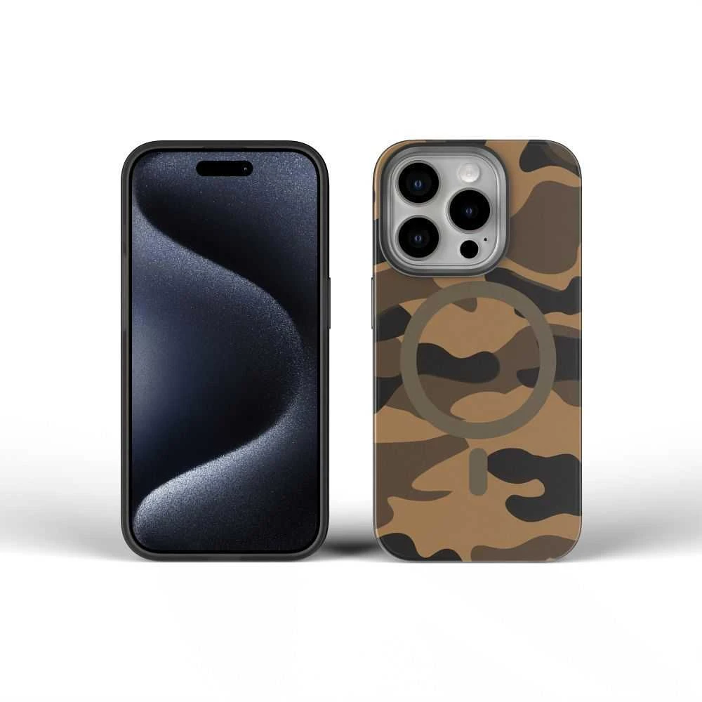 „iPhone 16 PLUS“ dėklas su „Forcell F-Protect Levels“ dvigubo sluoksnio 4D technologija, suderinamas su „Magsafe Military Drop-Test“ dykumos kamufliažu.