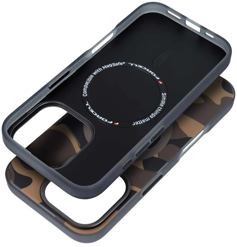 „iPhone 16 PLUS“ dėklas su „Forcell F-Protect Levels“ dvigubo sluoksnio 4D technologija, suderinamas su „Magsafe Military Drop-Test“ dykumos kamufliažu.