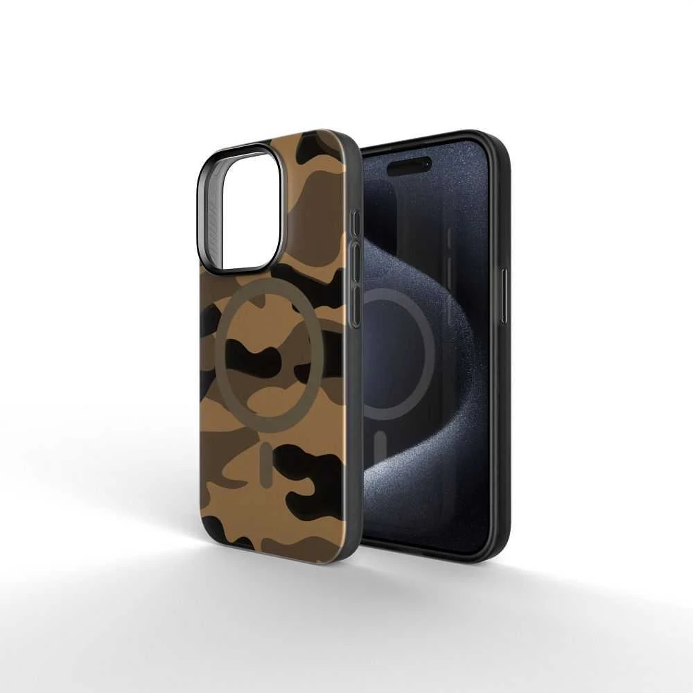 „iPhone 16 PLUS“ dėklas su „Forcell F-Protect Levels“ dvigubo sluoksnio 4D technologija, suderinamas su „Magsafe Military Drop-Test“ dykumos kamufliažu.