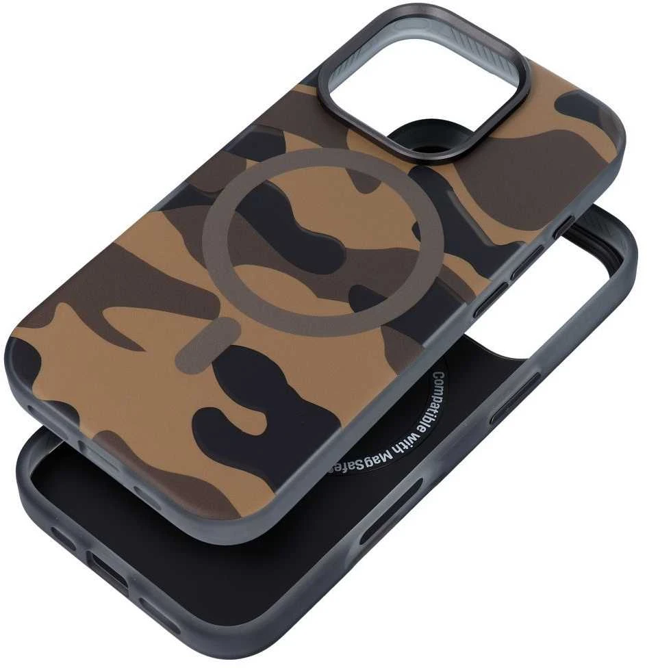 „iPhone 16 PRO“ dėklas su „Forcell F-Protect Levels“ dviejų sluoksnių 4D technologija, suderinamas su „Magsafe Military Drop-Test“ dykumos kamufliažu.