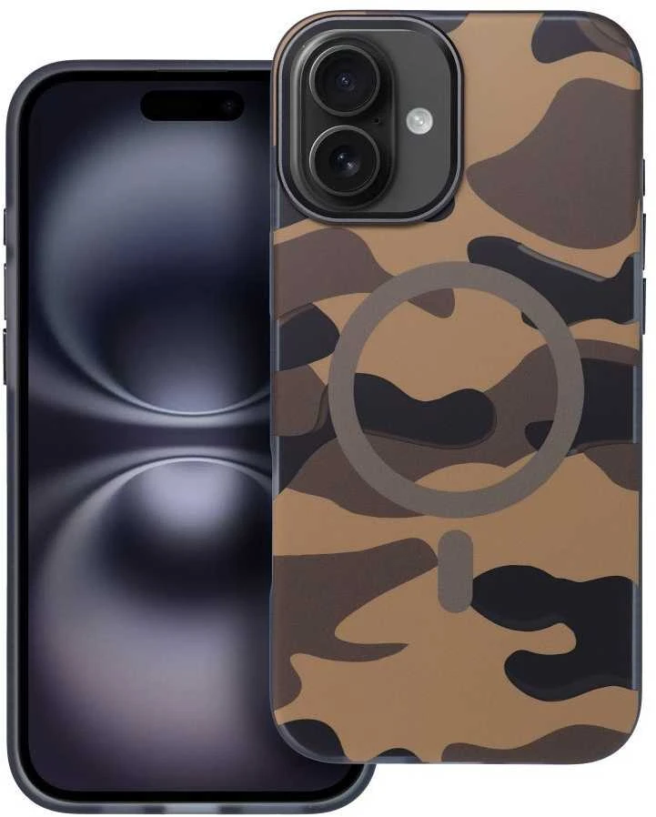 „iPhone 16 PRO“ dėklas su „Forcell F-Protect Levels“ dviejų sluoksnių 4D technologija, suderinamas su „Magsafe Military Drop-Test“ dykumos kamufliažu.