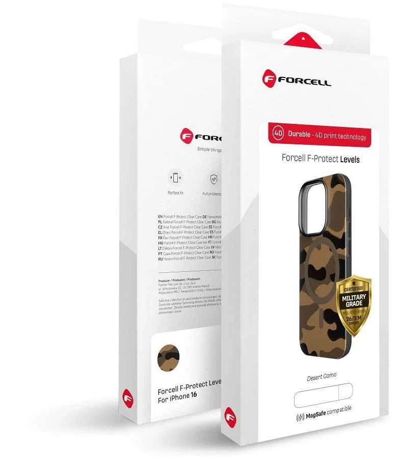 „iPhone 16 PLUS“ dėklas su „Forcell F-Protect Levels“ dvigubo sluoksnio 4D technologija, suderinamas su „Magsafe Military Drop-Test“ dykumos kamufliažu.