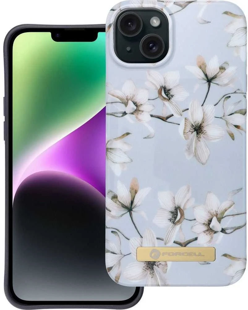 „iPhone 14 PLUS“ dėklas „Forcell F-Protect Mirage“, suderinamas su „Magsafe“ pavasarinių gėlių imitacija.