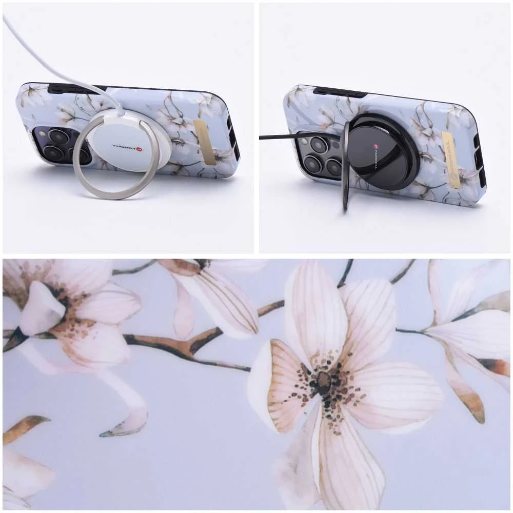 „iPhone 14 PLUS“ dėklas „Forcell F-Protect Mirage“, suderinamas su „Magsafe“ pavasarinių gėlių imitacija.