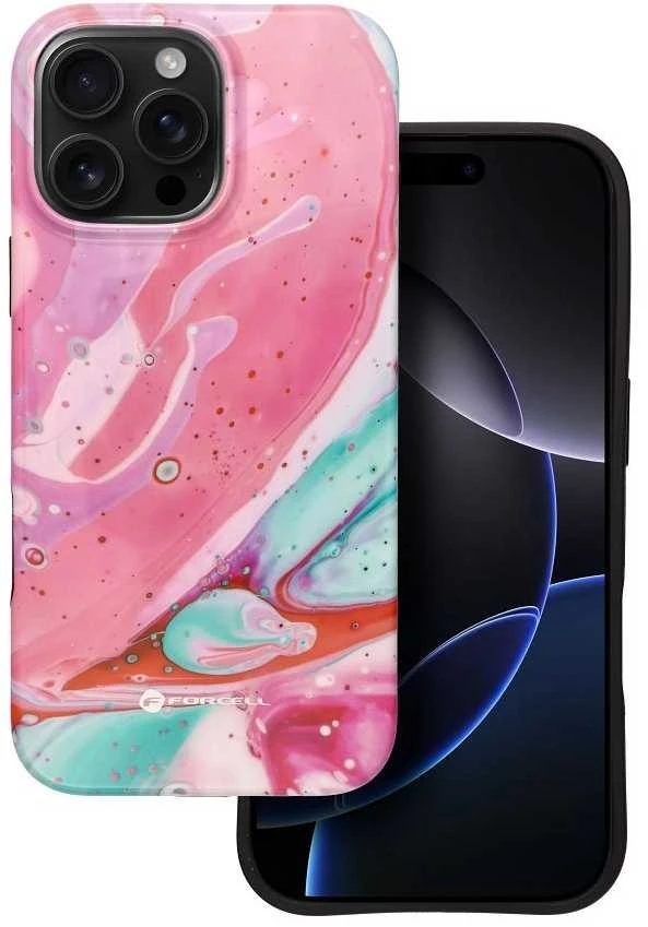 „iPhone 16 PRO MAX“ dėklas „Forcell F-Protect Mirage“, suderinamas su „Magsafe Military Drop-Test“ rožinio marmuro spalvos