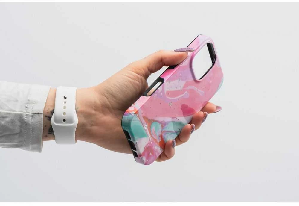 „iPhone 16 PRO MAX“ dėklas „Forcell F-Protect Mirage“, suderinamas su „Magsafe Military Drop-Test“ rožinio marmuro spalvos