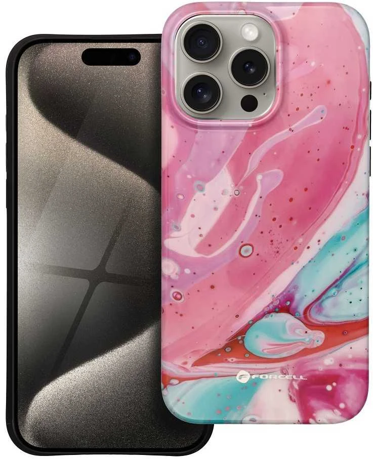 „iPhone 15 PRO MAX“ dėklas „Forcell F-Protect Mirage“, suderinamas su „Magsafe Military Drop-Test“, rožinis marmuras