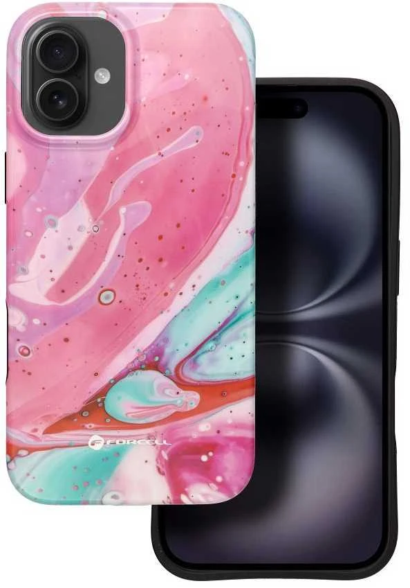 „iPhone 16 PLUS“ dėklas „Forcell F-Protect Mirage“, suderinamas su „Magsafe Military Drop-Test“, rausvo marmuro spalvos
