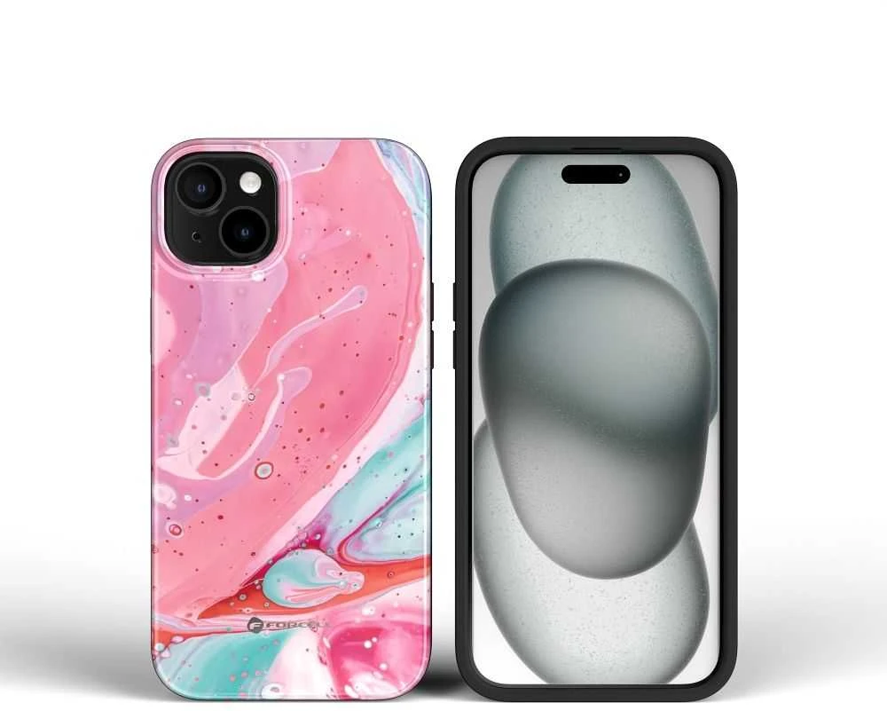 „iPhone 15 Forcell F-Protect Mirage“ dėklas, suderinamas su „Magsafe Military Drop-Test“ rožinio marmuro spalvos