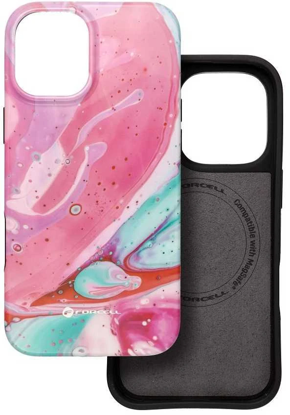 „iPhone 16 PLUS“ dėklas „Forcell F-Protect Mirage“, suderinamas su „Magsafe Military Drop-Test“, rausvo marmuro spalvos