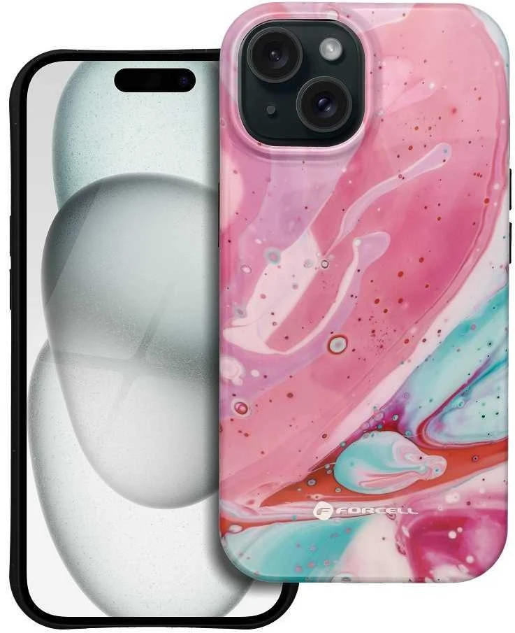 „iPhone 15 Forcell F-Protect Mirage“ dėklas, suderinamas su „Magsafe Military Drop-Test“ rožinio marmuro spalvos