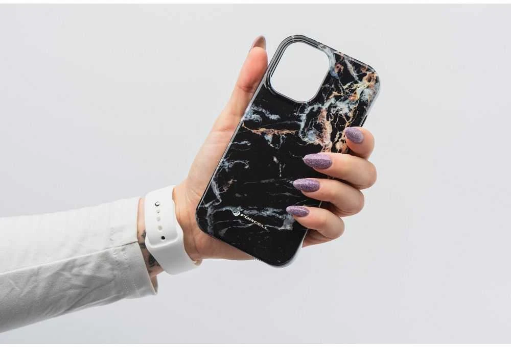 „iPhone 16 PLUS“ dėklas, skirtas „Forcell F-Protect Mirage“, suderinamas su „Magsafe Military Drop-Test“, juodas marmuras