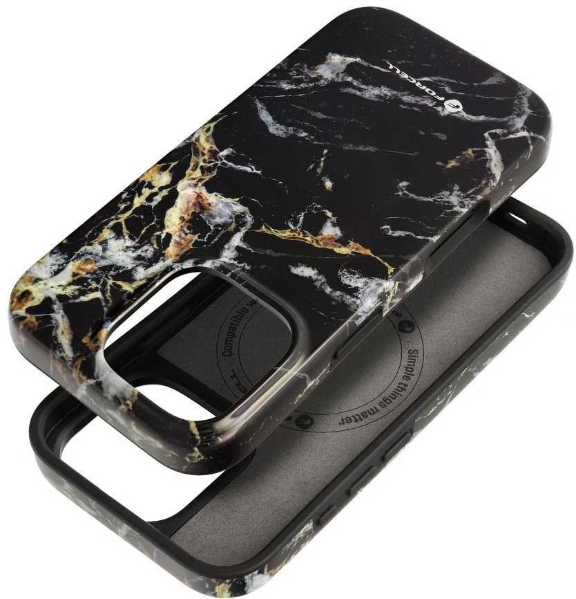 „iPhone 15 PRO MAX“ dėklas „Forcell F-Protect Mirage“, suderinamas su „Magsafe Military Drop-Test“ juodo marmuro danga.
