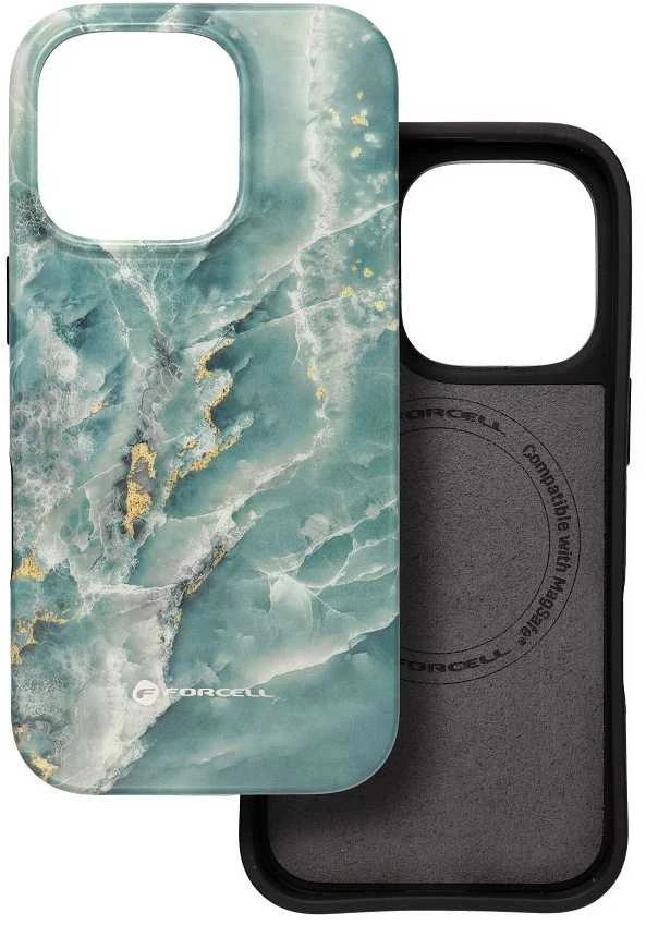 „iPhone 15 PRO MAX“ dėklas „Forcell F-Protect Mirage“, suderinamas su „Magsafe Military Drop-Test“, žalias marmuras