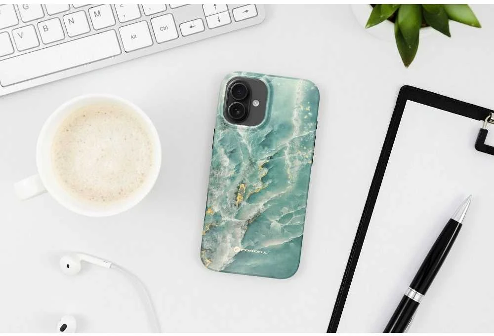 „iPhone 15 PRO MAX“ dėklas „Forcell F-Protect Mirage“, suderinamas su „Magsafe Military Drop-Test“, žalias marmuras