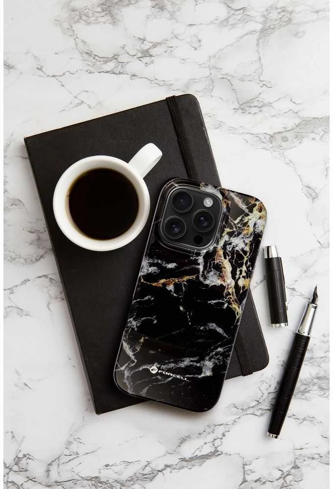 „iPhone 16 PLUS“ dėklas, skirtas „Forcell F-Protect Mirage“, suderinamas su „Magsafe Military Drop-Test“, juodas marmuras