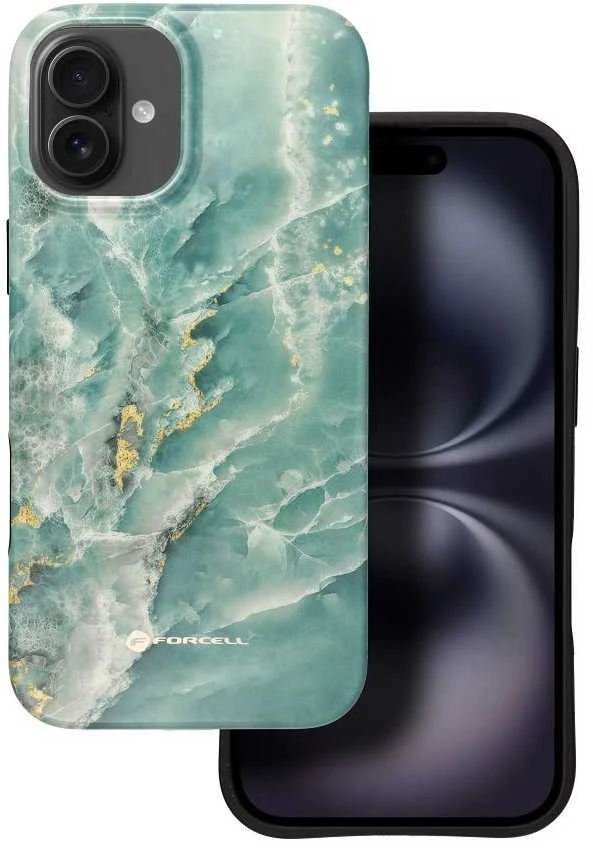 „iPhone 16 PLUS“ dėklas „Forcell F-Protect Mirage“, suderinamas su „Magsafe Military Drop-Test“, žalias marmuras
