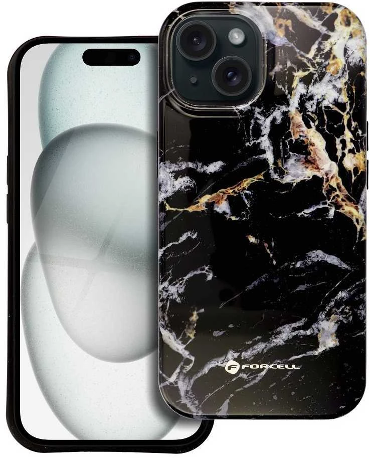 „iPhone 15 PRO Forcell F-Protect Mirage“ dėklas, suderinamas su „Magsafe Military Drop-Test“ juodo marmuro korpusu.