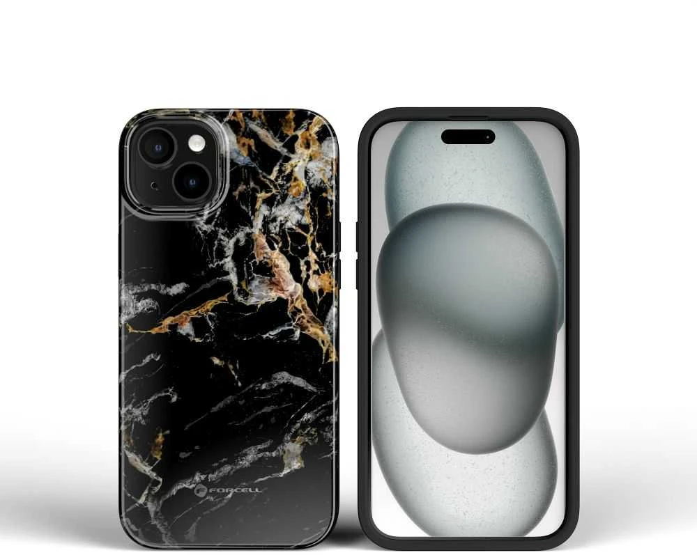 „iPhone 15 PRO MAX“ dėklas „Forcell F-Protect Mirage“, suderinamas su „Magsafe Military Drop-Test“ juodo marmuro danga.
