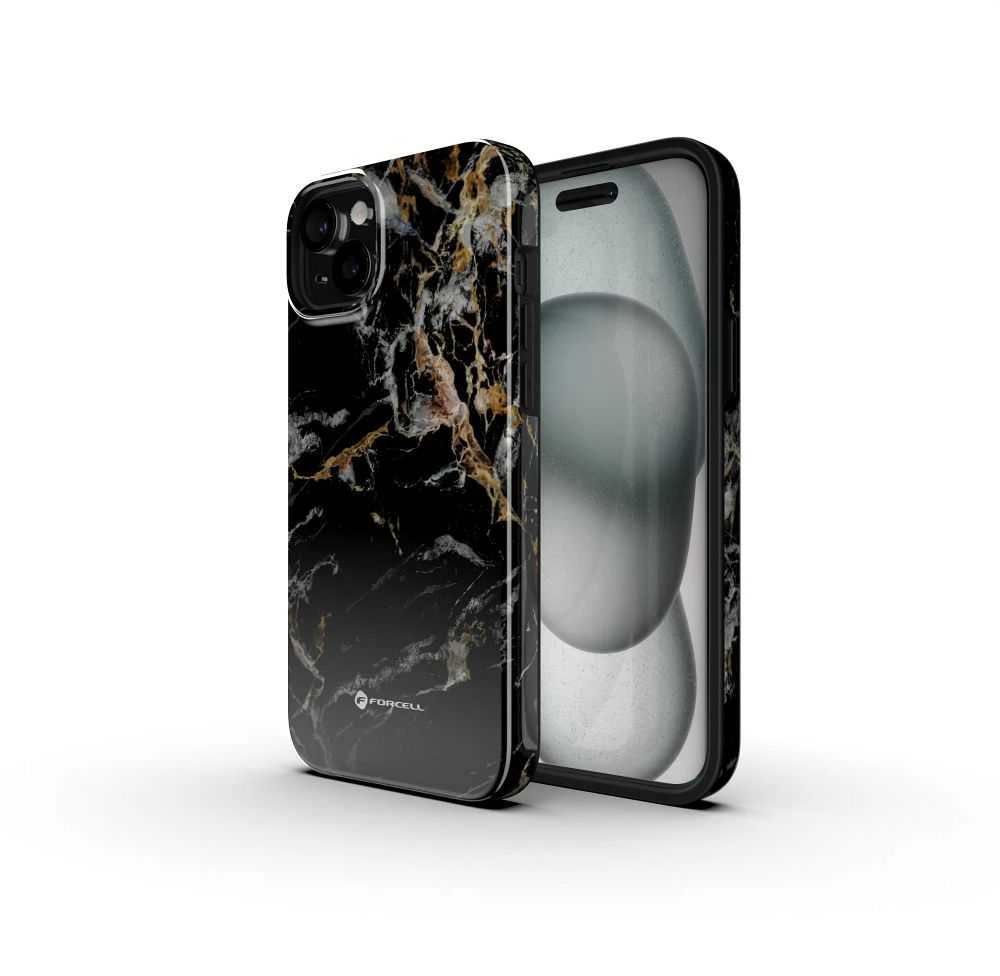 „iPhone 16 Forcell F-Protect Mirage“ dėklas, suderinamas su „Magsafe Military Drop-Test“ juodo marmuro danga