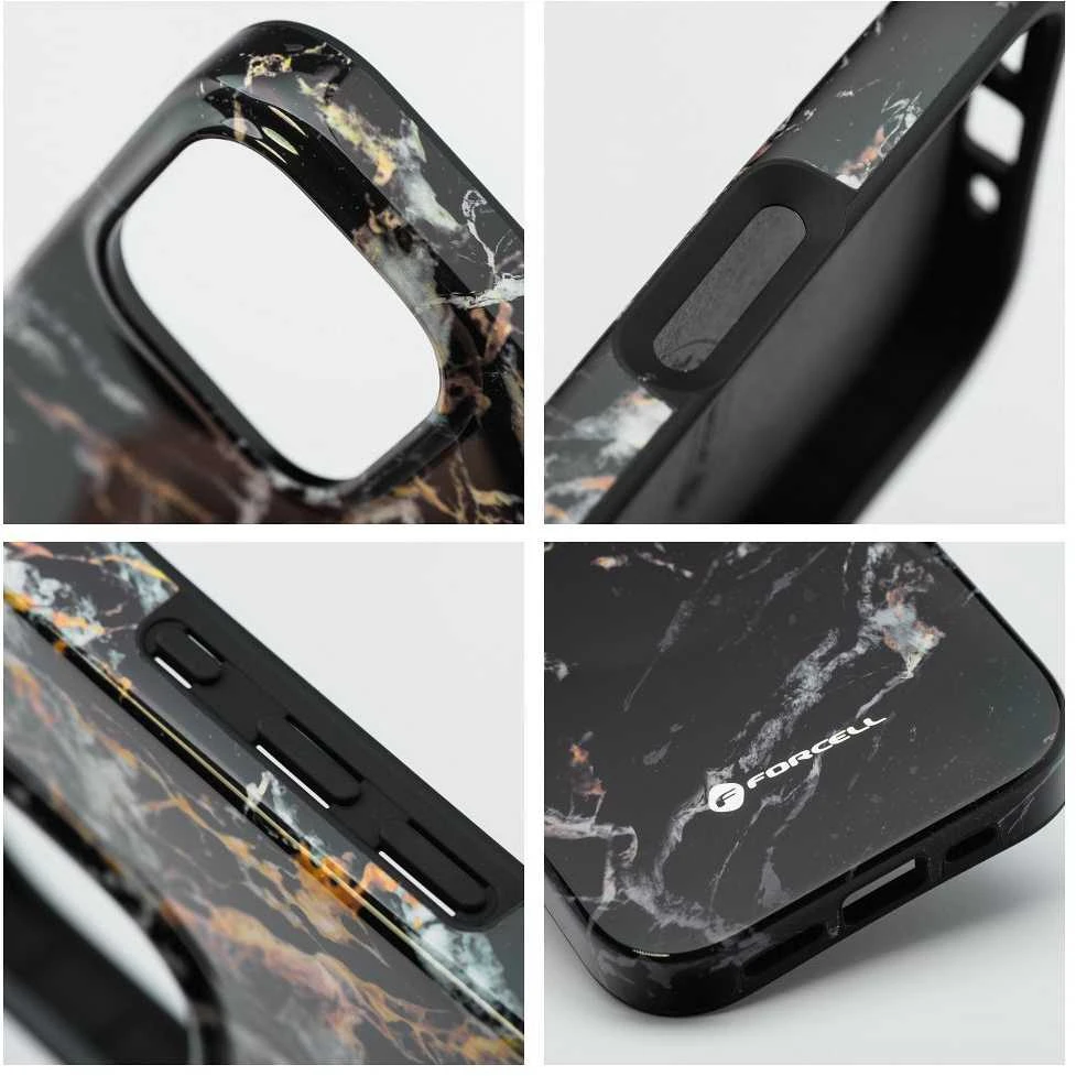 „iPhone 15 PRO MAX“ dėklas „Forcell F-Protect Mirage“, suderinamas su „Magsafe Military Drop-Test“ juodo marmuro danga.