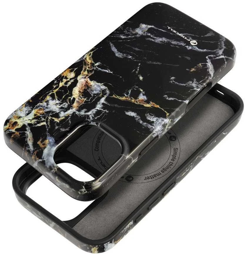 „iPhone 16 PLUS“ dėklas, skirtas „Forcell F-Protect Mirage“, suderinamas su „Magsafe Military Drop-Test“, juodas marmuras