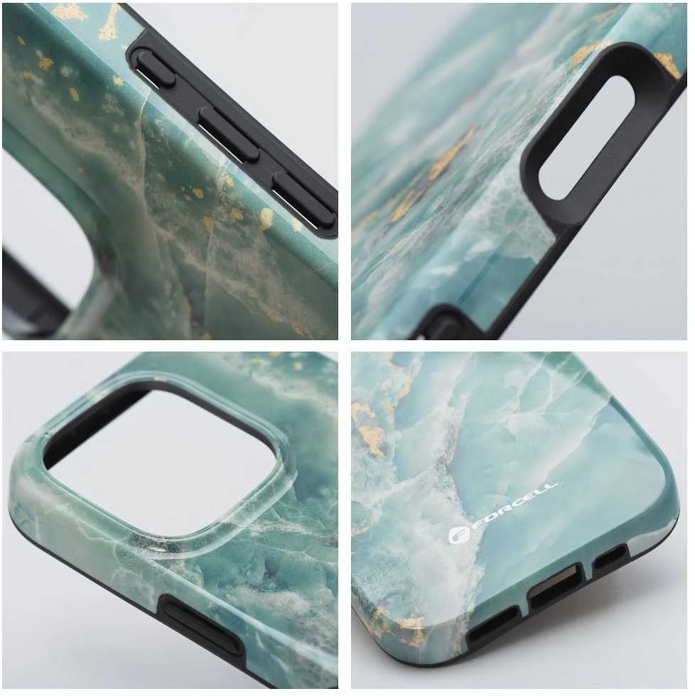 „iPhone 15 PRO MAX“ dėklas „Forcell F-Protect Mirage“, suderinamas su „Magsafe Military Drop-Test“, žalias marmuras