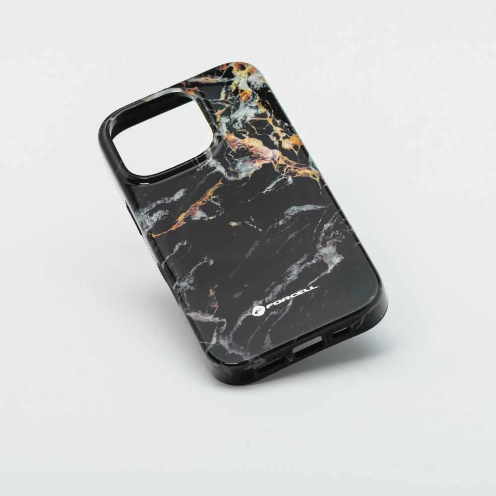 „iPhone 15 PRO MAX“ dėklas „Forcell F-Protect Mirage“, suderinamas su „Magsafe Military Drop-Test“ juodo marmuro danga.