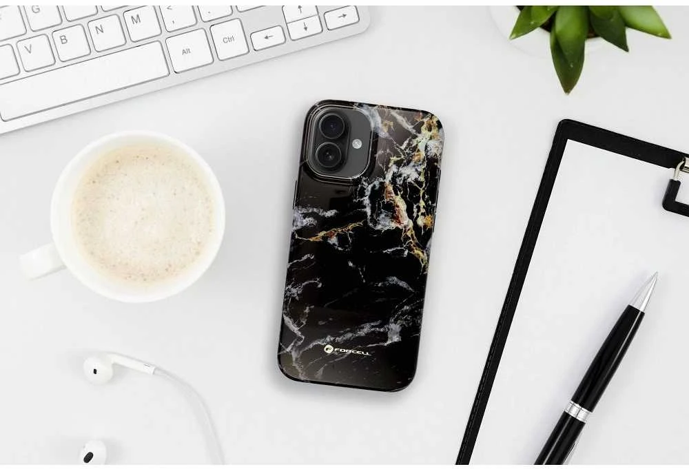 „iPhone 16 Forcell F-Protect Mirage“ dėklas, suderinamas su „Magsafe Military Drop-Test“ juodo marmuro danga
