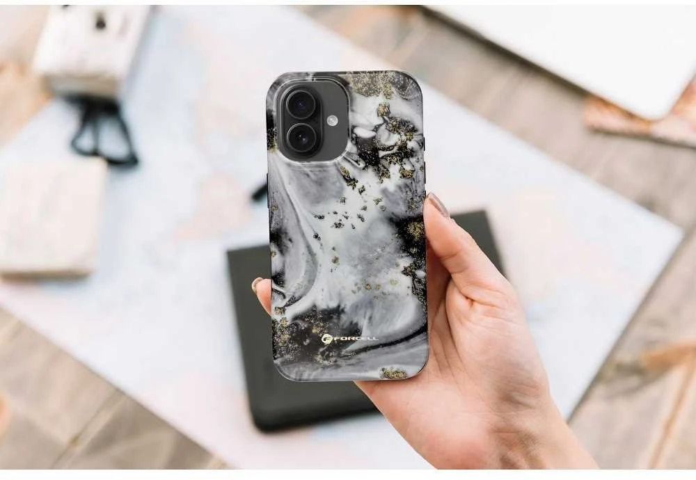 „iPhone 15 PRO MAX“ dėklas „Forcell F-Protect Mirage“, suderinamas su kariniu kritimo testu, sidabrinis rūkas