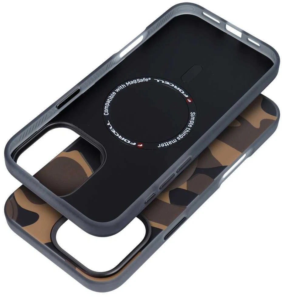 „iPhone 16 PRO MAX“ dėklas su „Forcell F-Protect Levels“ dvigubo sluoksnio 4D technologija, suderinamas su „Magsafe Military Drop-Test“ dykumos kamufliažu.
