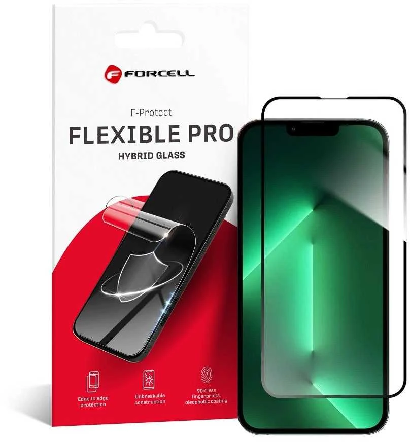 Hibridinis stiklas iPhone 13 / 13 PRO / 14 / 16e / 17e (SE 4 2025) Forcell Flexible 5D juodas