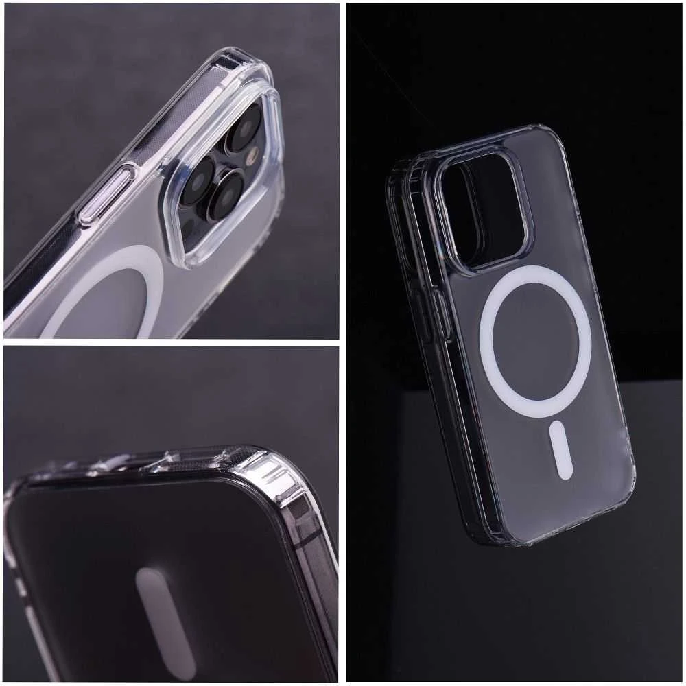 Oem Originalus „iPhone 15 PLUS“ dėklas, suderinamas su „MagSafe“ permatomu, sušalusio stiklo apvalkalu.