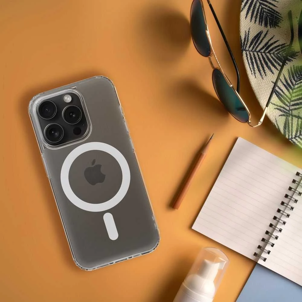 Oem Originalus „iPhone 15 PLUS“ dėklas, suderinamas su „MagSafe“ permatomu, sušalusio stiklo apvalkalu.
