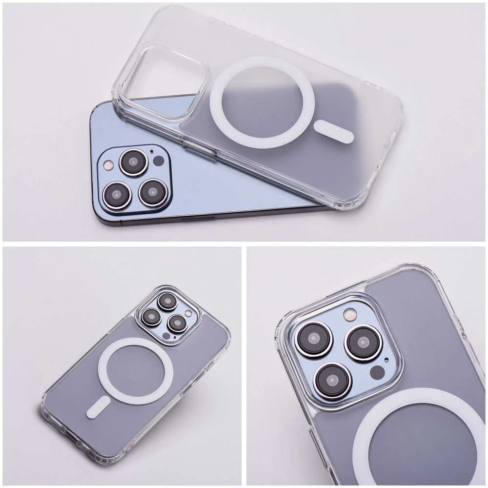 Oem Originalus „iPhone 15 PLUS“ dėklas, suderinamas su „MagSafe“ permatomu, sušalusio stiklo apvalkalu.