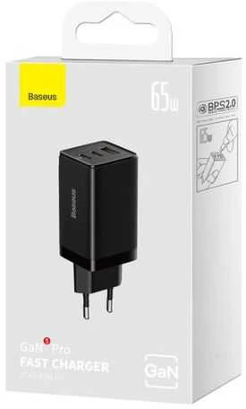 Baseus GaN5 Pro sieninis įkroviklis 2xUSB-C + USB 65W Juodas