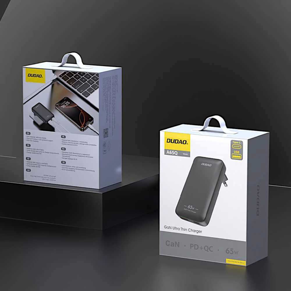 Įkroviklis jungiama į tinklą podróżna GaN Dudao A65Q 65W USB-A / USB-C PD ultracienka EU / US - juoda