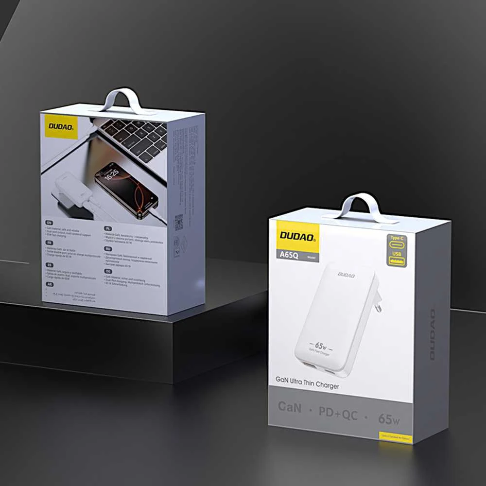 Įkroviklis jungiama į tinklą podróżna GaN Dudao A65Q 65W USB-A / USB-C PD ultracienka EU / US - balta