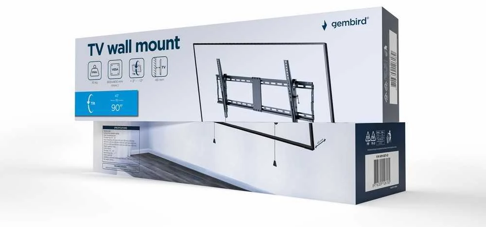 Gembird | Sieninis laikiklis | WM-90T-01 | Pakreipimas | 43–90" | Maksimalus svoris (talpa) 70 kg | Juodas
