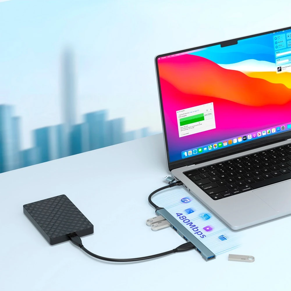 Gembird UHB-ACM-U3P1U2P6-01, 7 portų USB šakotuvas (1x USB 3.2 + 6x USB 2.0), USB-A + USB-C, sidabrinis