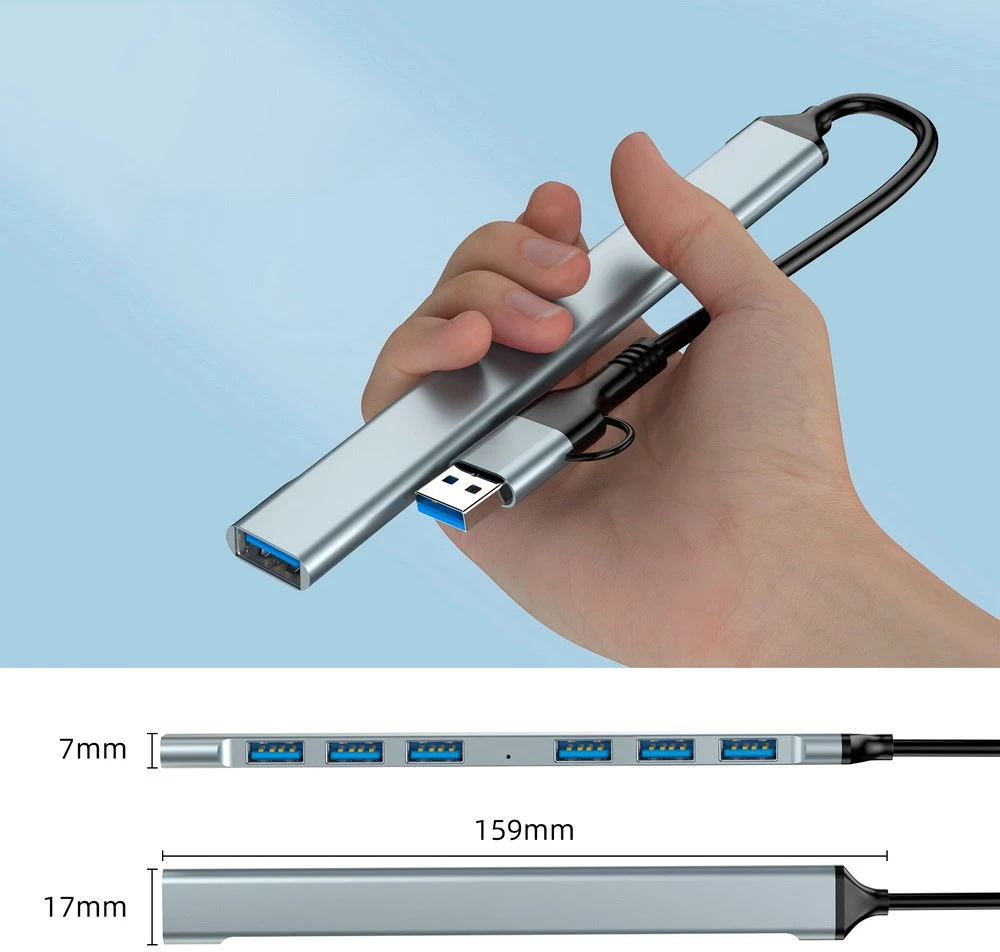 Gembird UHB-ACM-U3P1U2P6-01, 7 portų USB šakotuvas (1x USB 3.2 + 6x USB 2.0), USB-A + USB-C, sidabrinis