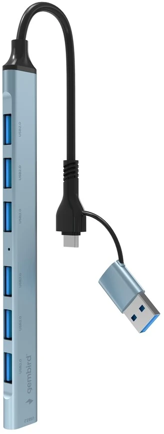 Gembird UHB-ACM-U3P1U2P6-01, 7 portų USB šakotuvas (1x USB 3.2 + 6x USB 2.0), USB-A + USB-C, sidabrinis